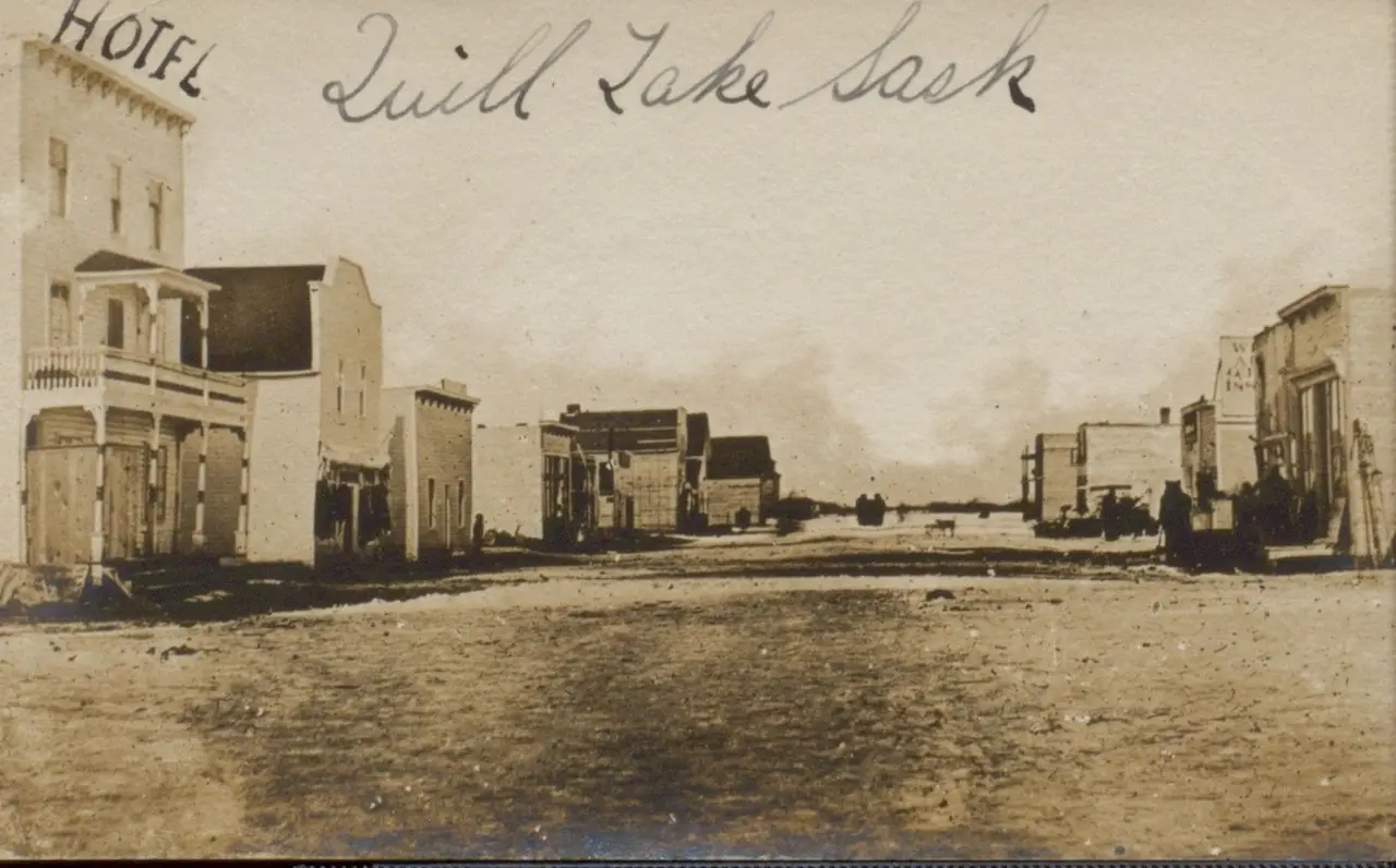 Main street of Quill Lake with hotel, about 1910
